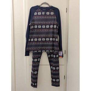 Terramar Womens Navy Snowflake Baselayer Set - Thermal Top & Bottom With Climase